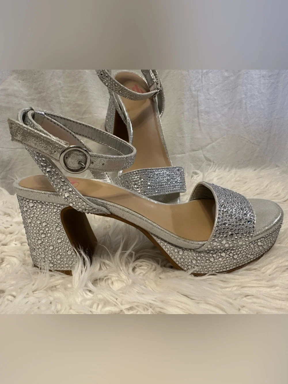 GB Girls Silver Rhinestone Platform Block Heel Sandals Girls Size 2
